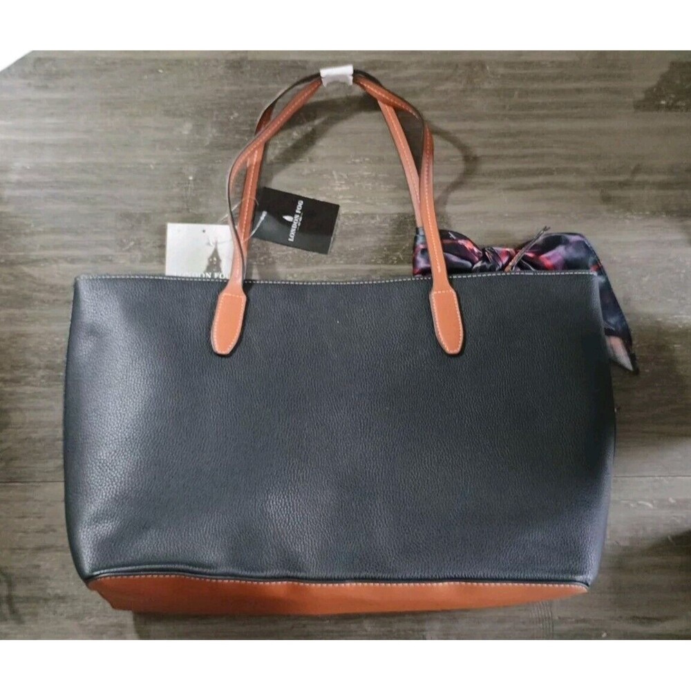 London Fog Black & Tan Brown Handbag Shoulder Bag New  Vegan Leather - Picture 6 of 10